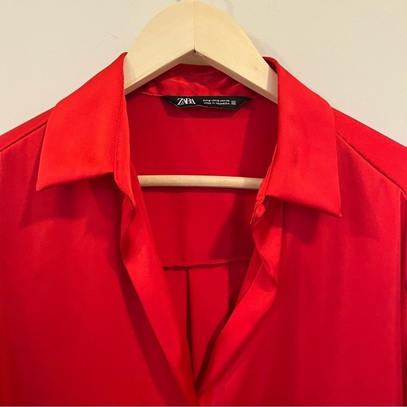 Satin Blouse Zara Relaxed Fit Polyester Primary Red Office Small Office Siren - Picture 3 of 11